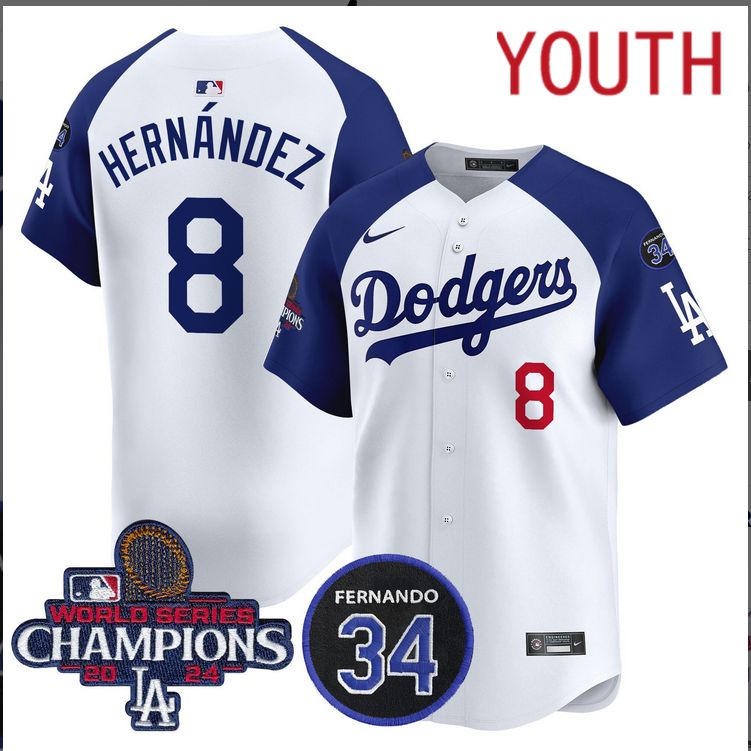 Youth  MLB Los Angeles Dodgers #8 Hernandez white 2024 World Series Champions Patch Limited Jersey->youth mlb jersey->Youth Jersey